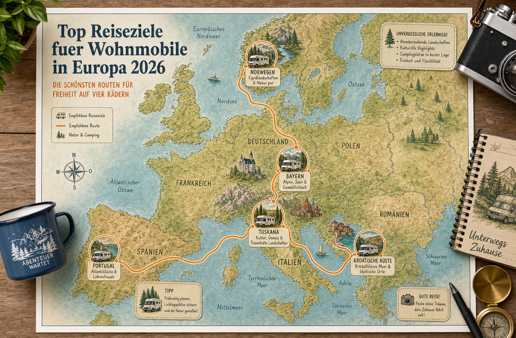() redaktionelt billede, der viser et farverigt campingpladskort over Europa med illustrerede Wohnmobil-ikoner fastgjort på Norge, Toscana,