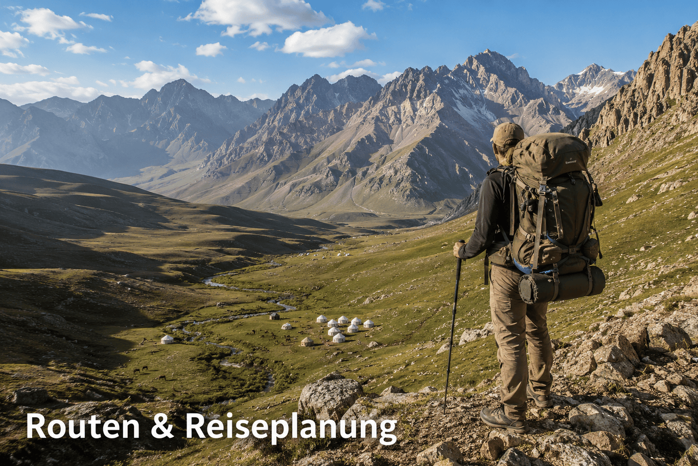 () redactionele afbeelding van een solo backpacker met grote trekking rugzak, staand op een bergpas met uitzicht op een uitgestrekt