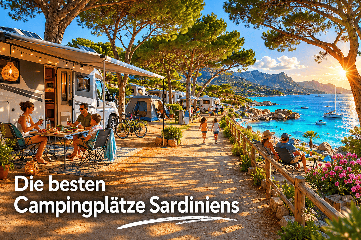 () photo éditoriale montrant une rangée d'emplacements de camping bien équipés sur un camping sarde ombragé, avec des camping-cars modernes et