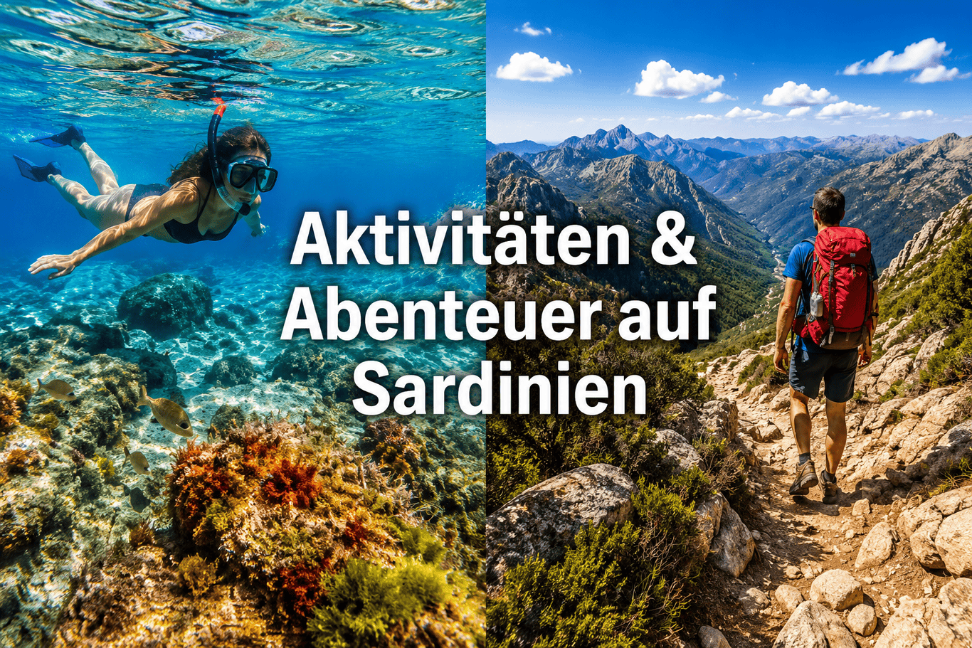 () Image dynamique à scène partagée : la partie gauche montre un plongeur avec tuba explorant les eaux cristallines de Sardaigne au-dessus de rochers colorés.