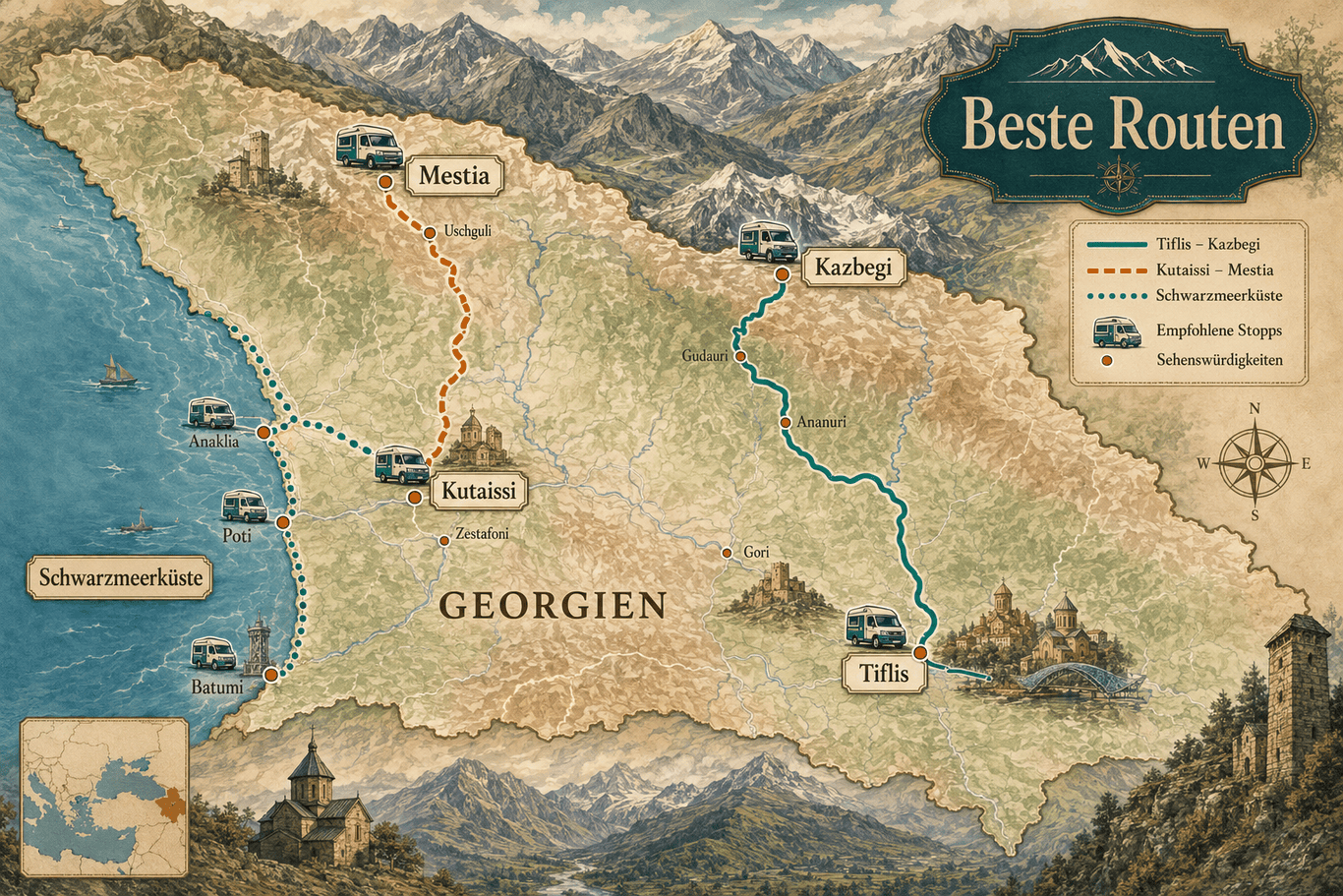 () detailed illustration showing a top-down route map of Georgia with highlighted camper travel routes: Tbilisi to Kazbegi,