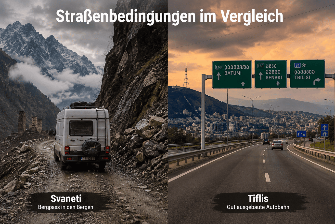 () showing a split-scene comparison: left side depicts a camper van navigating a narrow, rocky mountain pass in Svaneti with