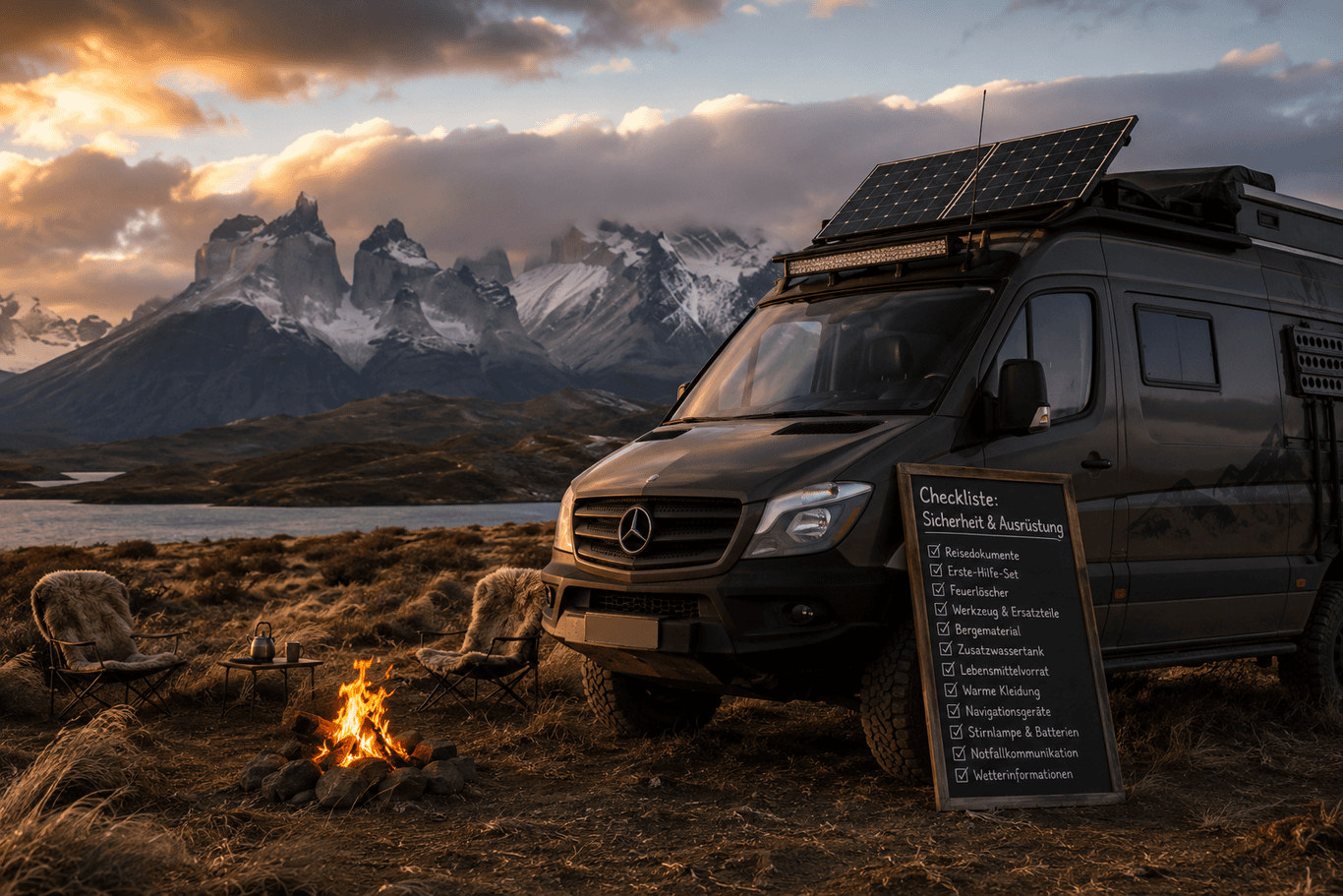 () editorial photo-realistic image showing a rugged 4x4 campervan parked at a wild campsite in Patagonia with the Torres del