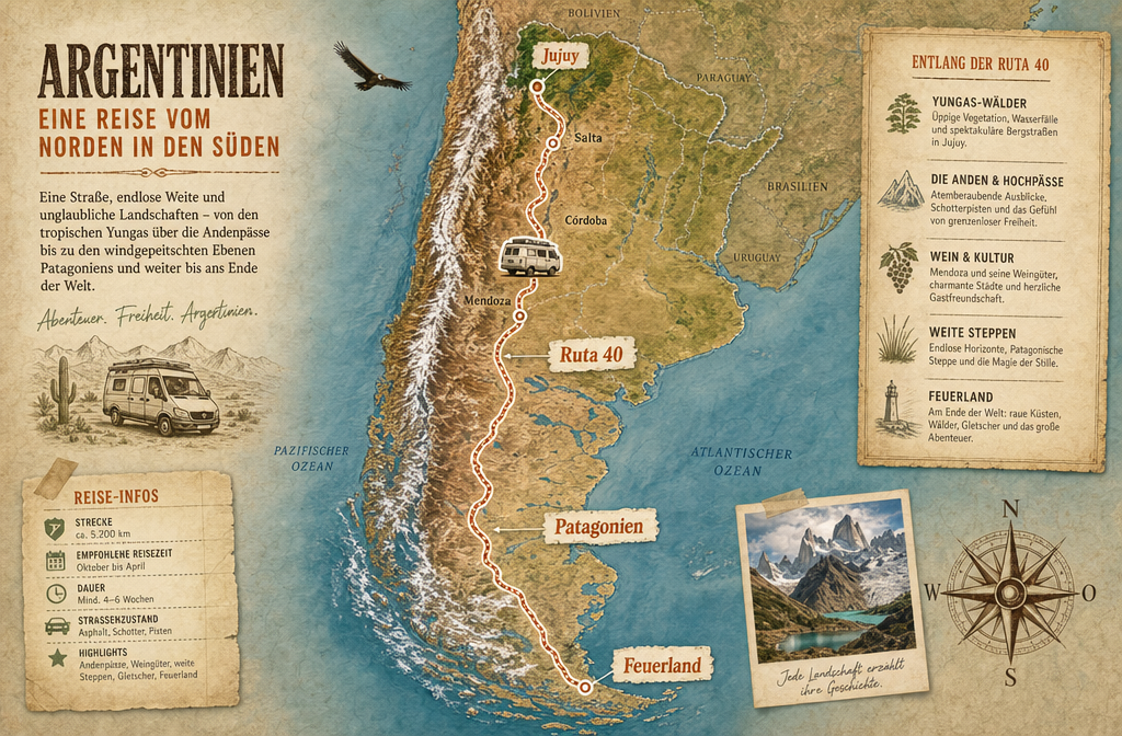 () editorial image showing a detailed illustrated route map of Argentina from north to south, with a campervan icon tracing