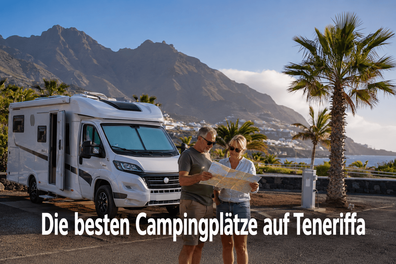 () editorial photo showing a white campervan parked at a designated Stellplatz near Santa Cruz de Tenerife, with a German