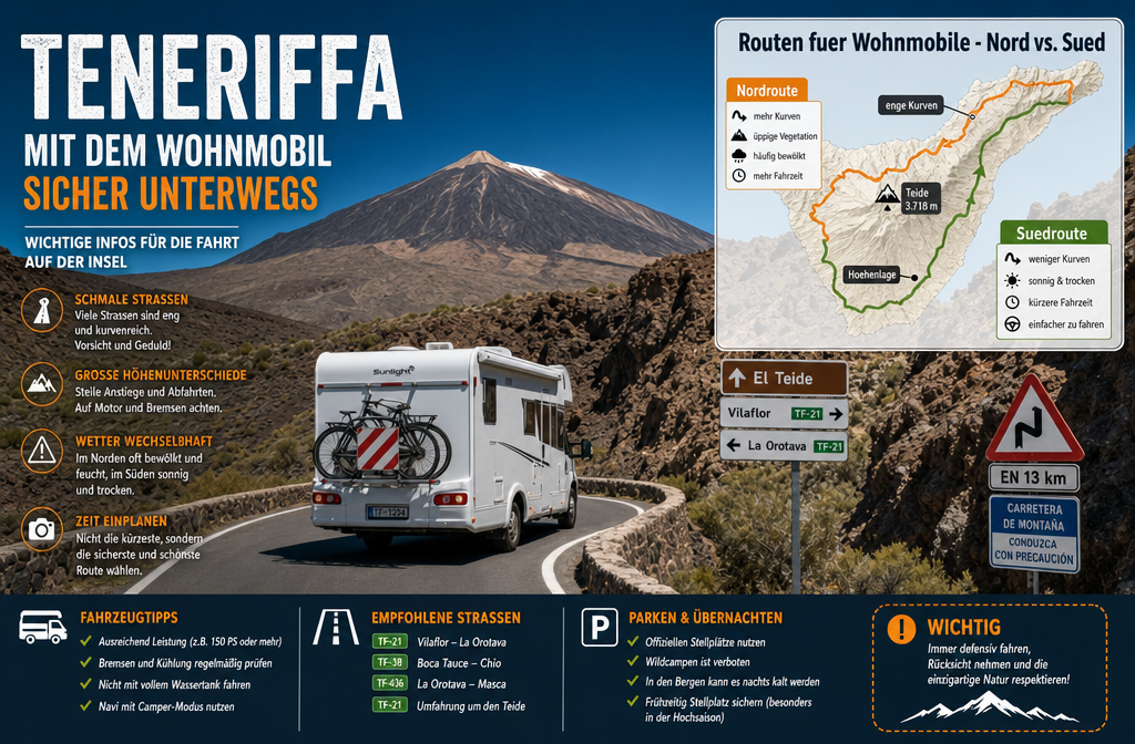 Editorial infographic-style image showing a winding mountain road on Tenerife with a motorhome navigating a narrow curve