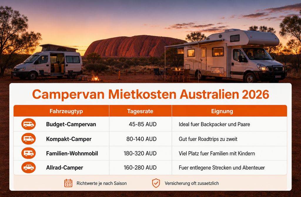 () editorial image showing a detailed comparison table infographic on a blurred background of an Australian campsite at