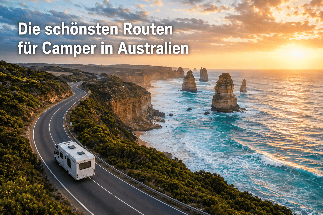 () aerial drone-style photograph of the iconic Great Ocean Road in Victoria, Australia, with a white campervan driving along