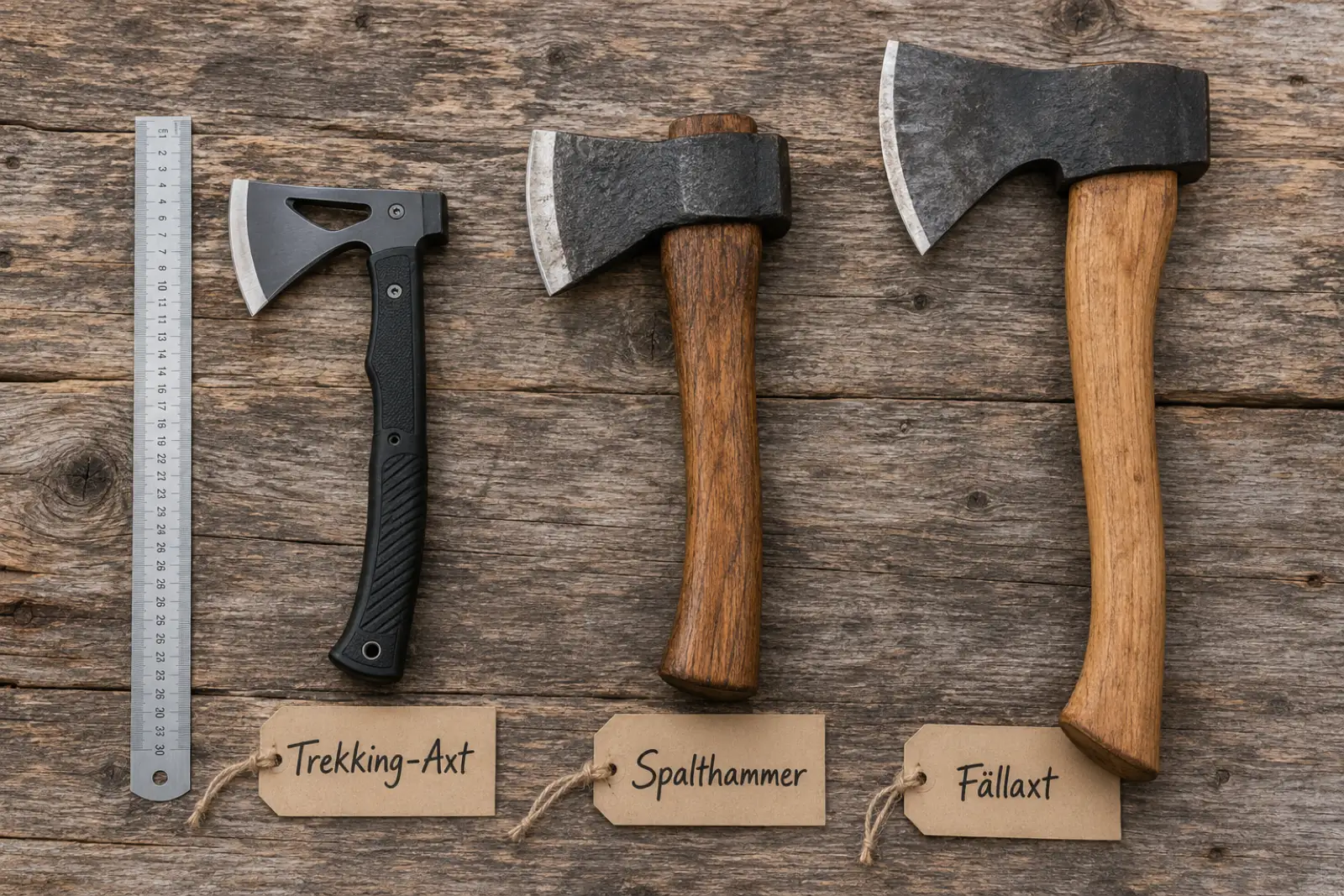 () editorial photo showing a close-up flat-lay of three different camping axes side by side on a weathered wooden surface: a
