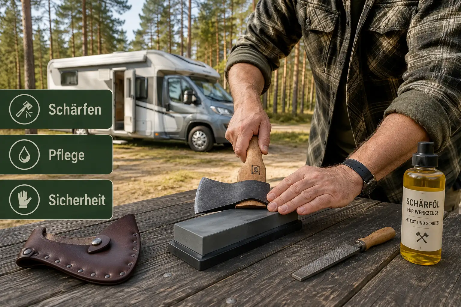() instructional scene showing a camper's hands demonstrating proper axe sharpening technique using a whetstone on a picnic