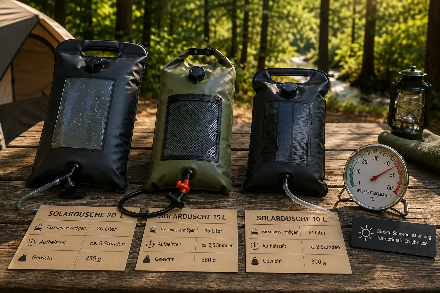 () editorial photo showing a close-up comparison of three different solar shower bags laid out on a wooden picnic table at a