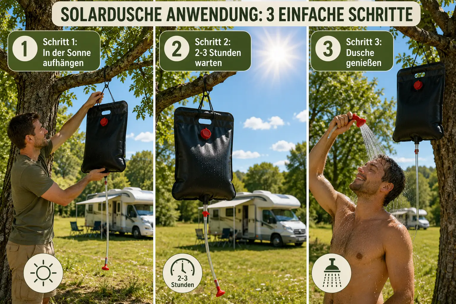 () instructional scene showing a camper hanging a black solar shower bag on a tall tree branch at a sunny campsite,