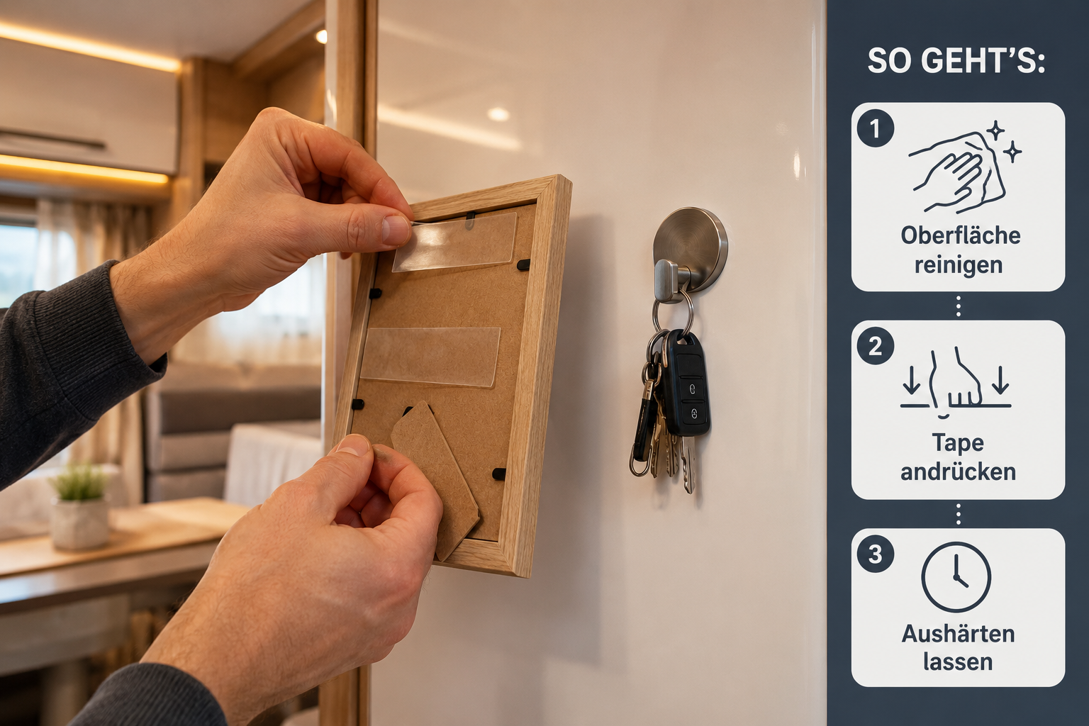 () scène pédagogique pas à pas montrant des mains appliquant du Nano-Tape au dos d'une petite image encadrée contre une surface lisse