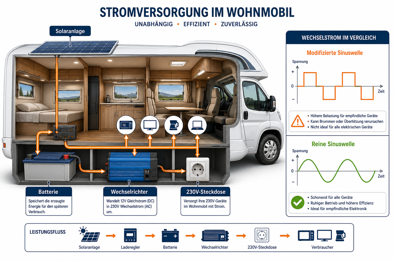 Ilustración editorial detallada () que muestra un diagrama de sección transversal del interior de una autocaravana con componentes etiquetados en
