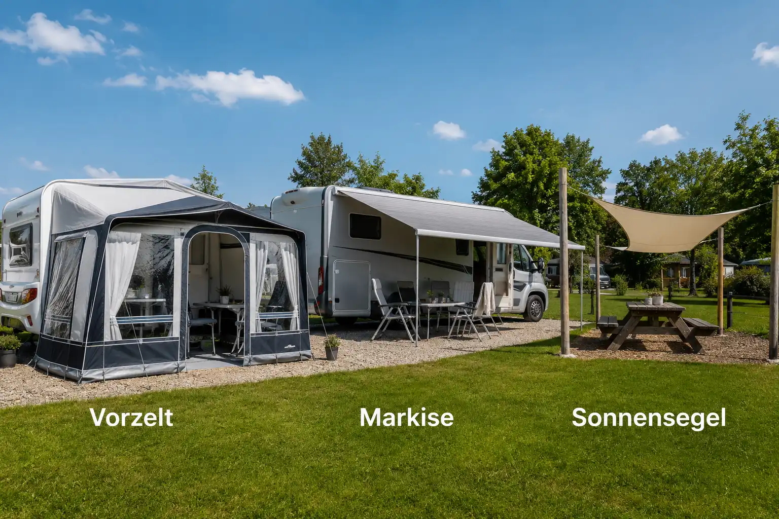 () editorial photo showing a side-by-side visual comparison at a campsite: on the left a full Vorzelt (tent porch) attached