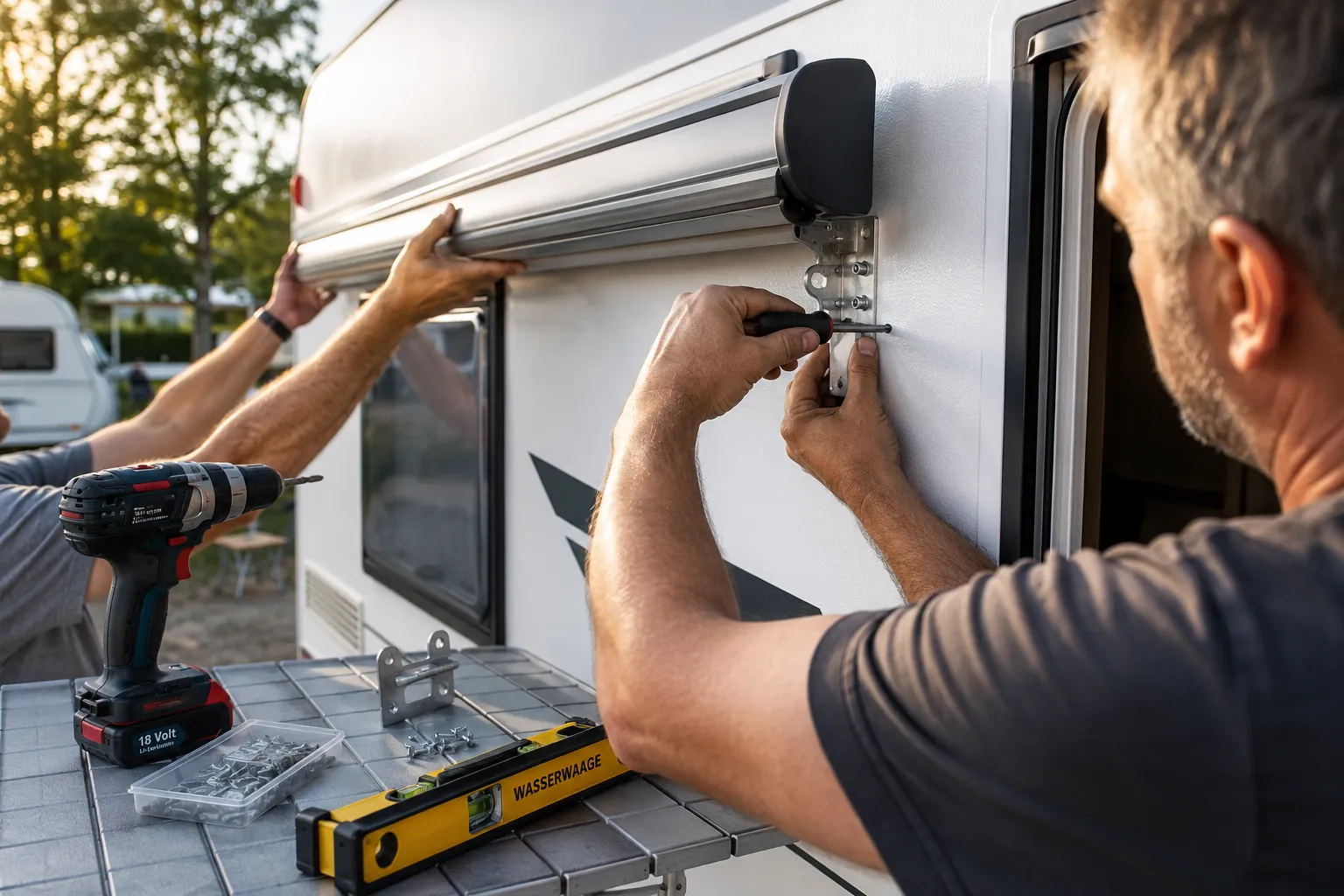 () close-up instructional scene showing hands mounting a Markise bracket onto the side wall of a white motorhome, with tools