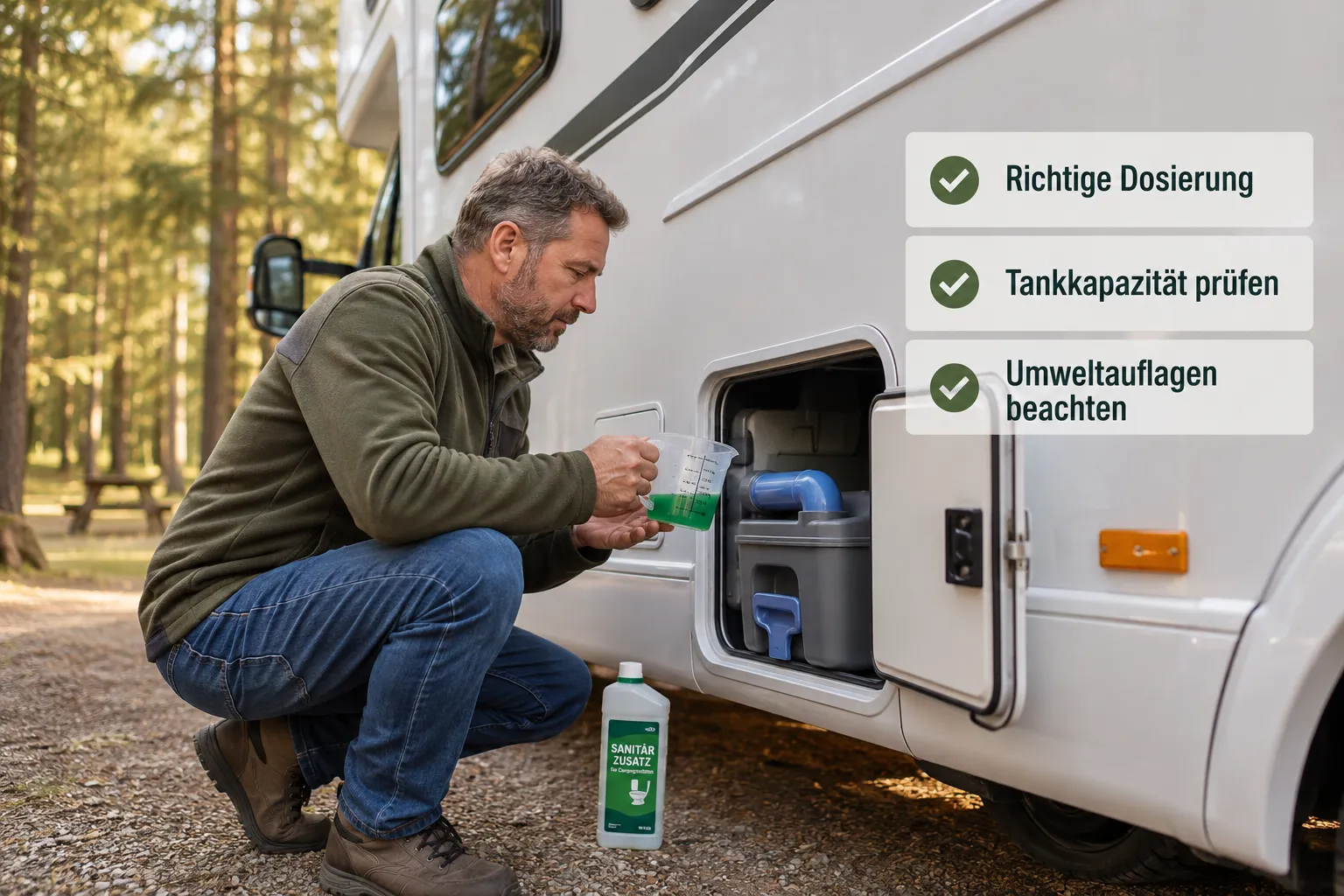 () redaktionelt billede der viser en autocamper ejer på hug ved siden af et kassettetoilet rum på siden af en hvid