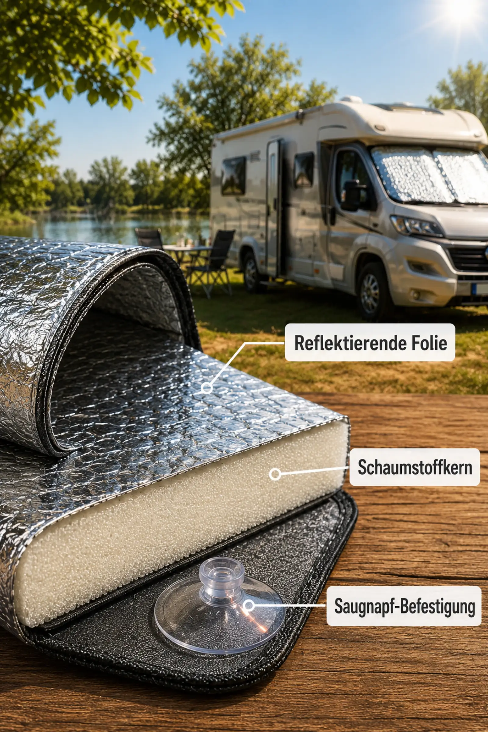 () editorial photo showing a close-up cross-section diagram of a Thermomatte window insulation mat with labeled German