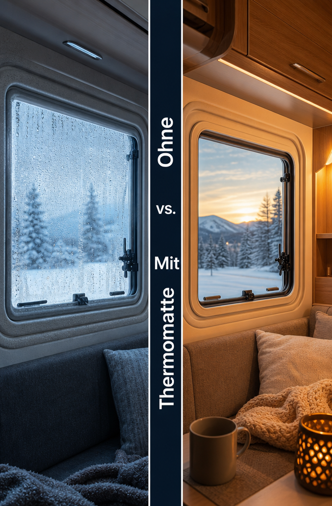 () split-scene comparison image: left side shows a motorhome window WITHOUT Thermomatte in winter with condensation and