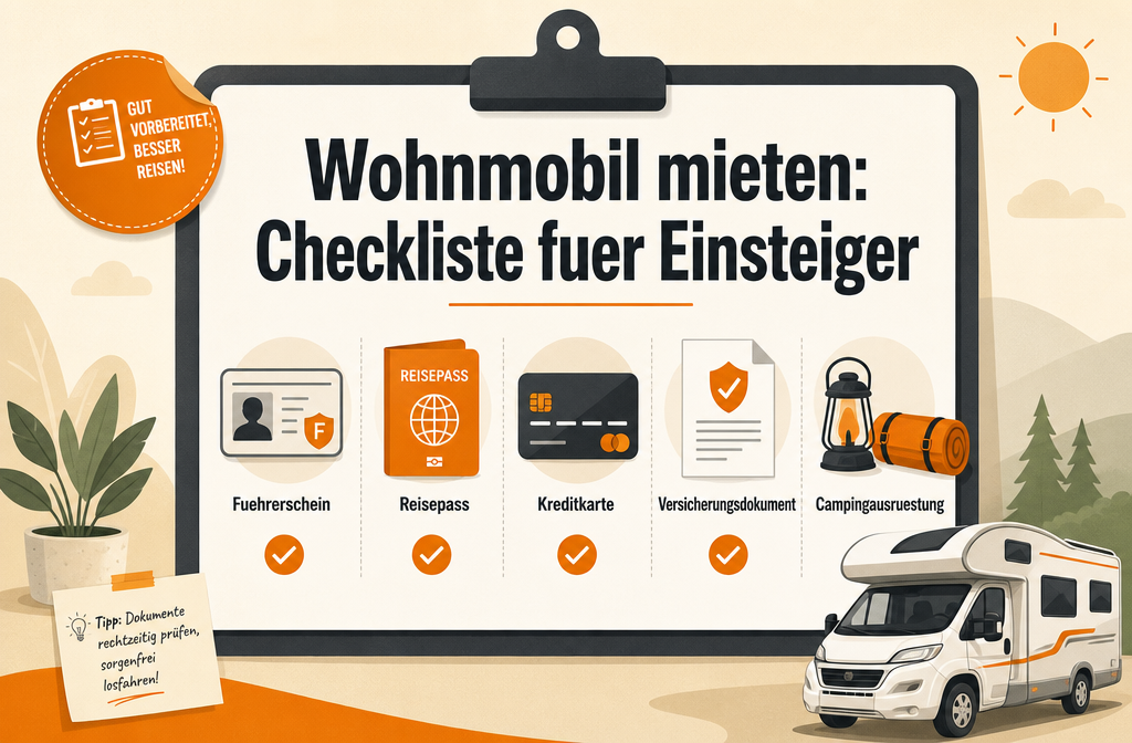 () illustration i infografikstil, der viser en tjekliste-tavle med titlen 'Wohnmobil mieten: Checkliste für Einsteiger' på tysk