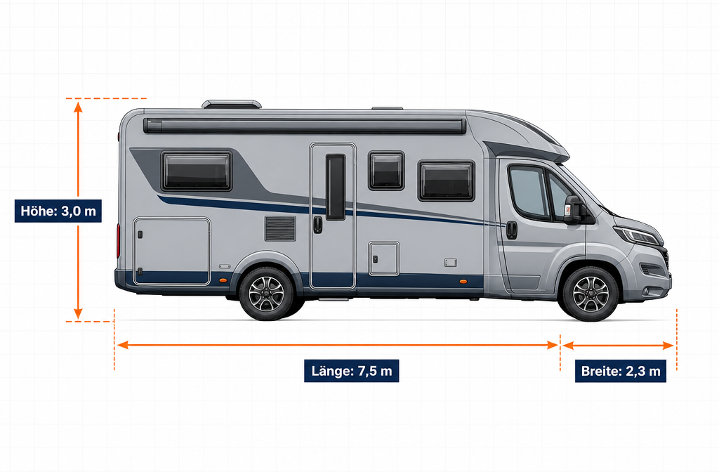 Detailed () infographic-style illustration showing a side-profile technical drawing of a Wohnmobil with measurement arrows