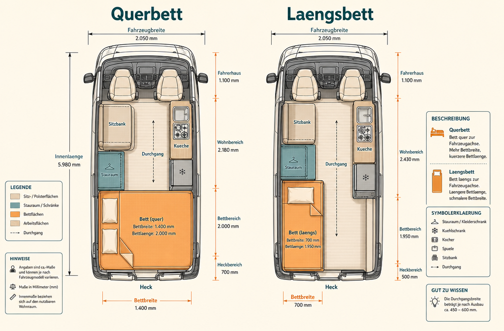 () detailed infographic-style illustration showing a top-down floor plan schematic of a campervan interior, with two labeled