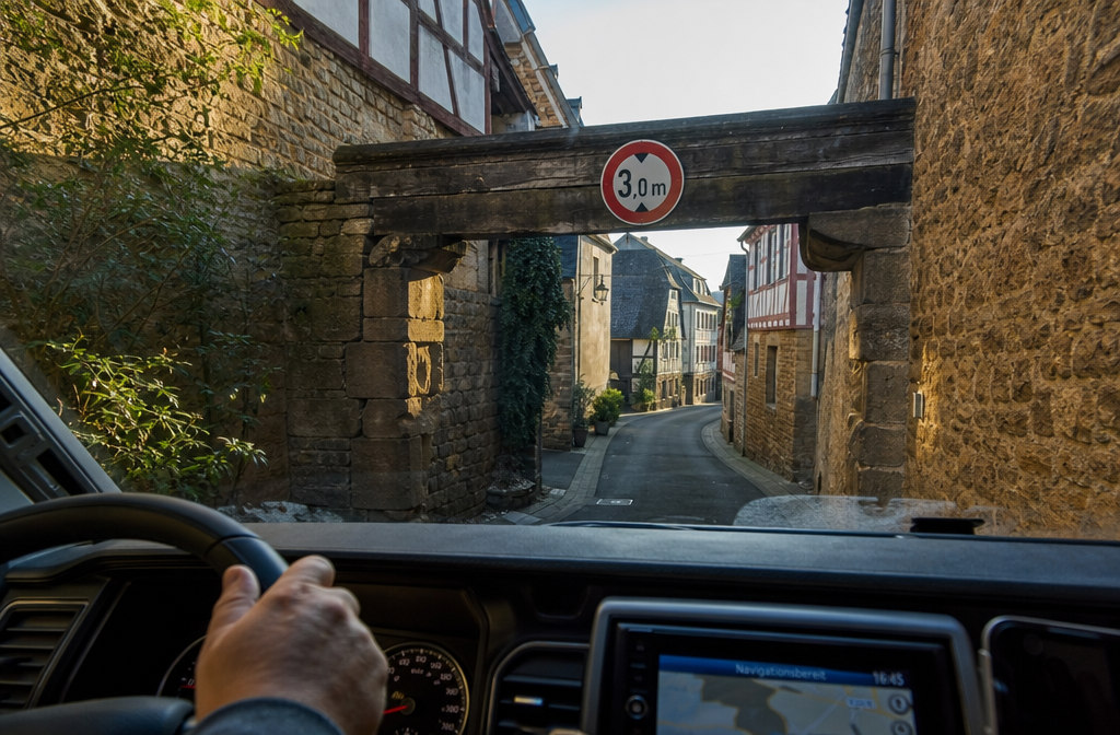 Detailed () showing a driver's perspective from inside a Wohnmobil cockpit approaching a narrow German village street with a