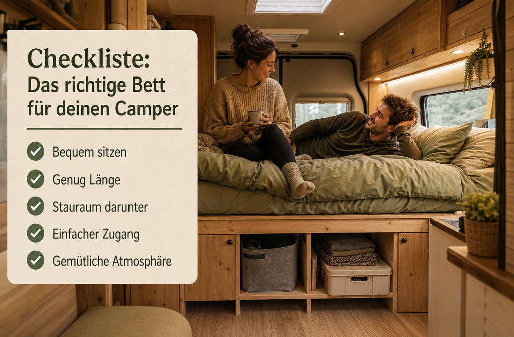 () realistic photo-style image of a couple inside a campervan interior testing a transverse bed setup, one person sitting up