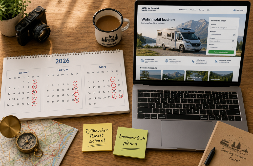 Flat-lay overhead shot of a wooden desk with a 2026 calendar open to January-March pages, several dates circled in red
