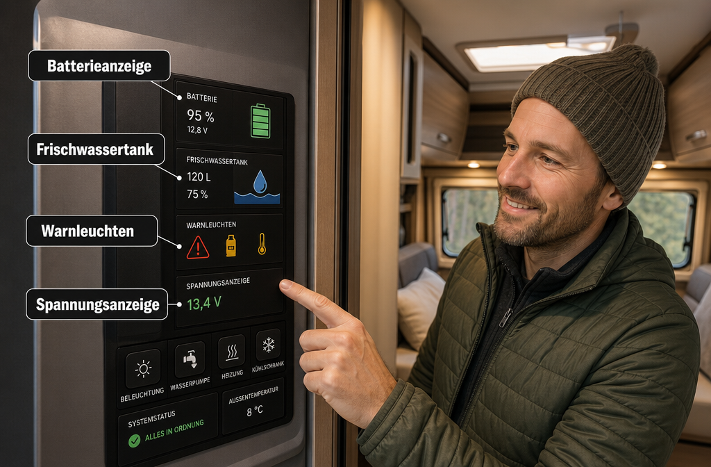 Detailed () showing a split-view infographic of a campervan control panel on the left side with labeled German annotations