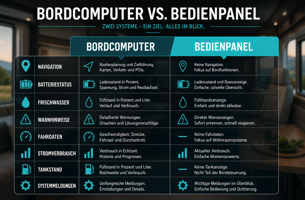 Detailed () showing a comparison table graphic overlaid on a blurred camper interior background, with two columns labeled