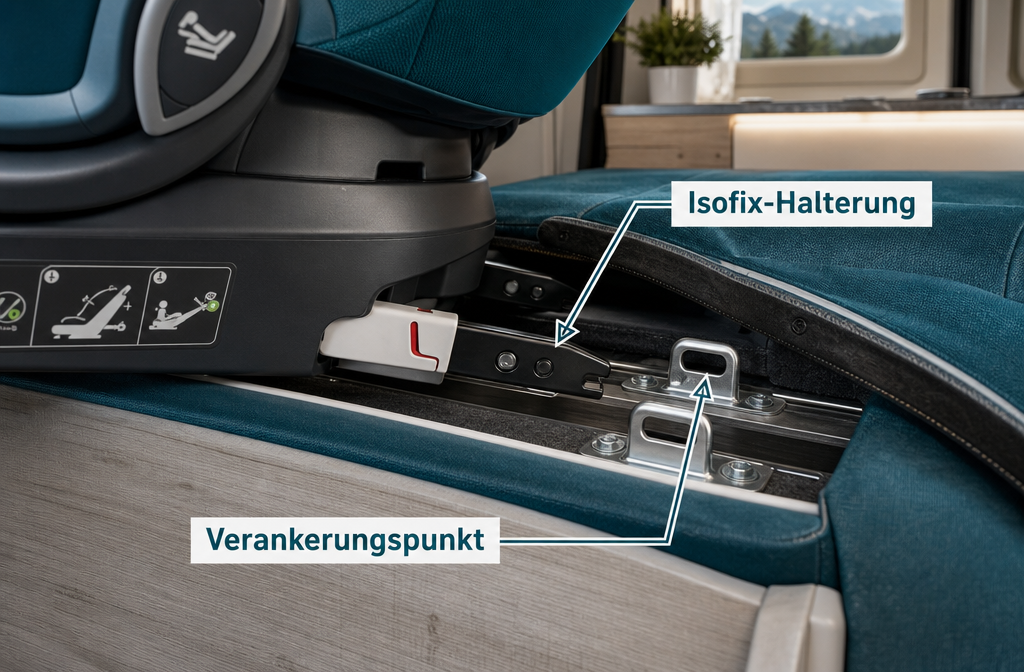 Gedetailleerde redactionele illustratie () die close-up Isofix metalen ankerpunten toont, ingebouwd in een campervan zitbasis, met een