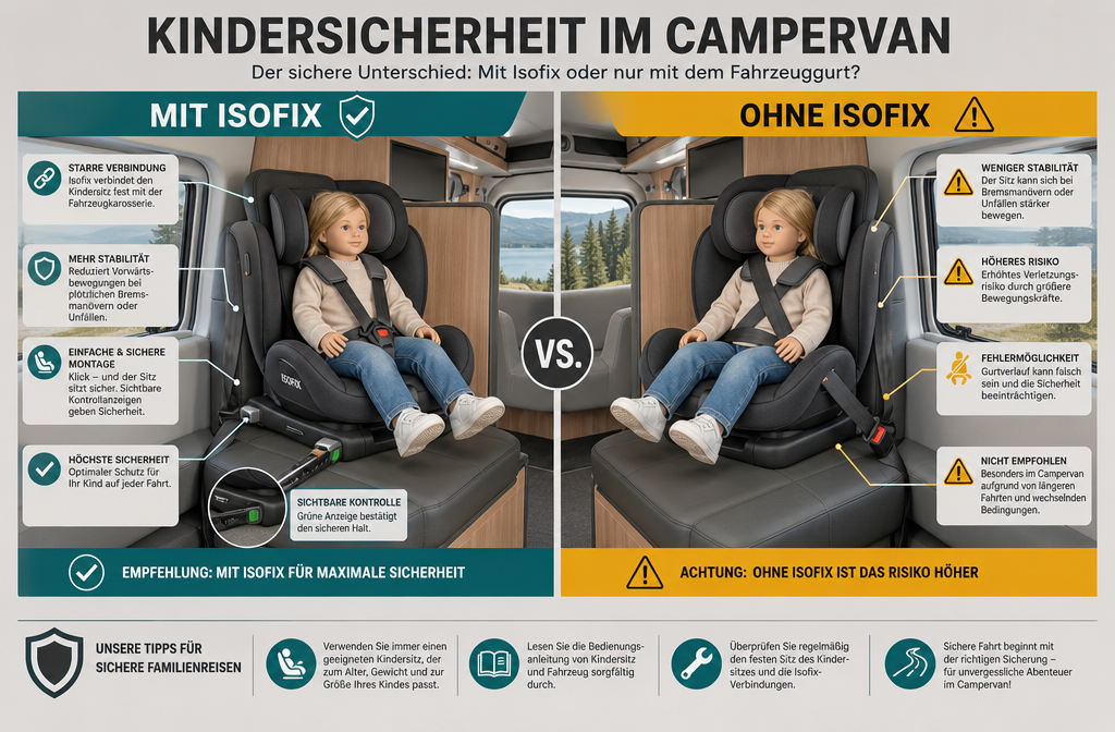 Gedetailleerde () vergelijkingsscène, opgesplitst in twee helften: de linkerkant toont een kinderzitje bevestigd met Isofix-beugels in een moderne