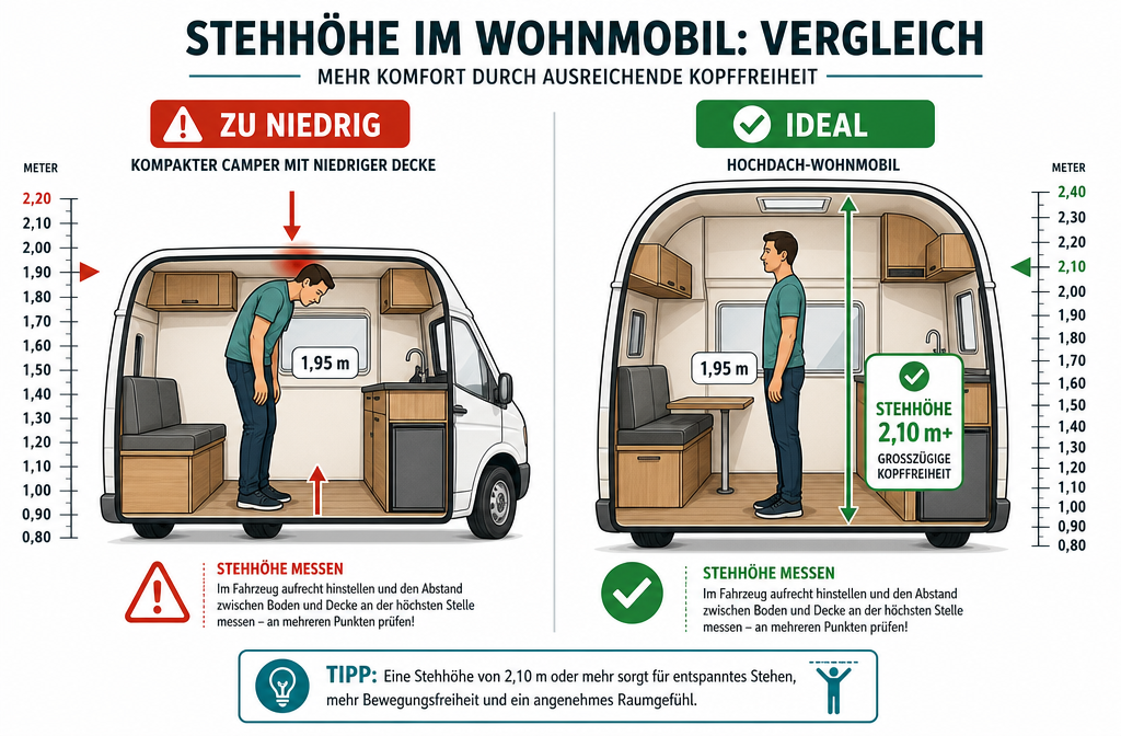 Detailed () infographic-style illustration showing a side-by-side comparison of motorhome interior cross-sections: left side