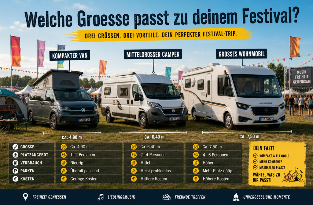 () redactionele infographic scène met een zij-aan-zij vergelijking van verschillende campervan formaten — compacte van, middelgroot