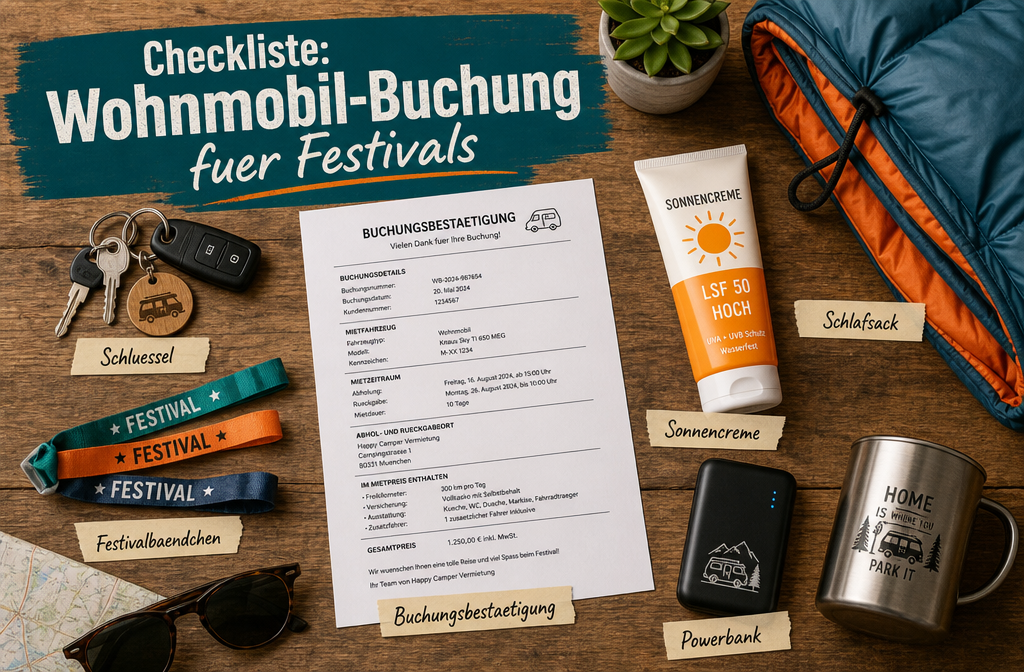 () flat-lay redactionele foto die een festival paklijst toont op een houten oppervlak met campervansleutels, festival