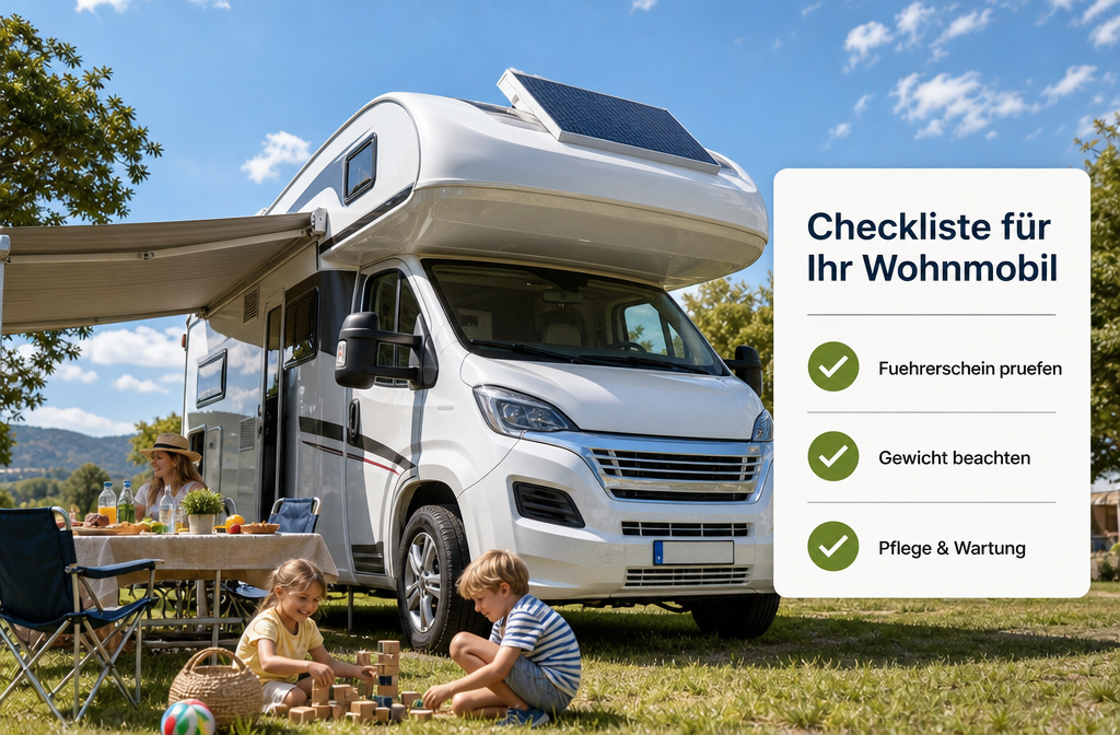 Detaljeret () udendørs campingscene fotograferet fra en lav vinkel, der kigger op på fronten af en stor hvid Alkoven-Wohnmobil