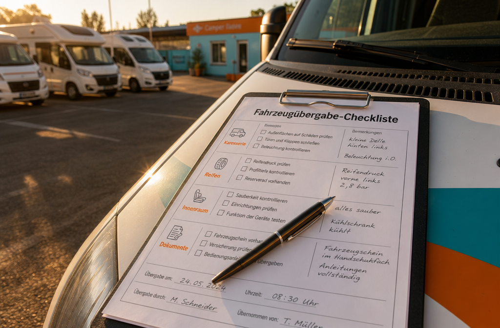 () illustration éditoriale montrant une vue rapprochée en plongée d'une Fahrzeugübergabe-Checkliste imprimée sur un clipboard reposant