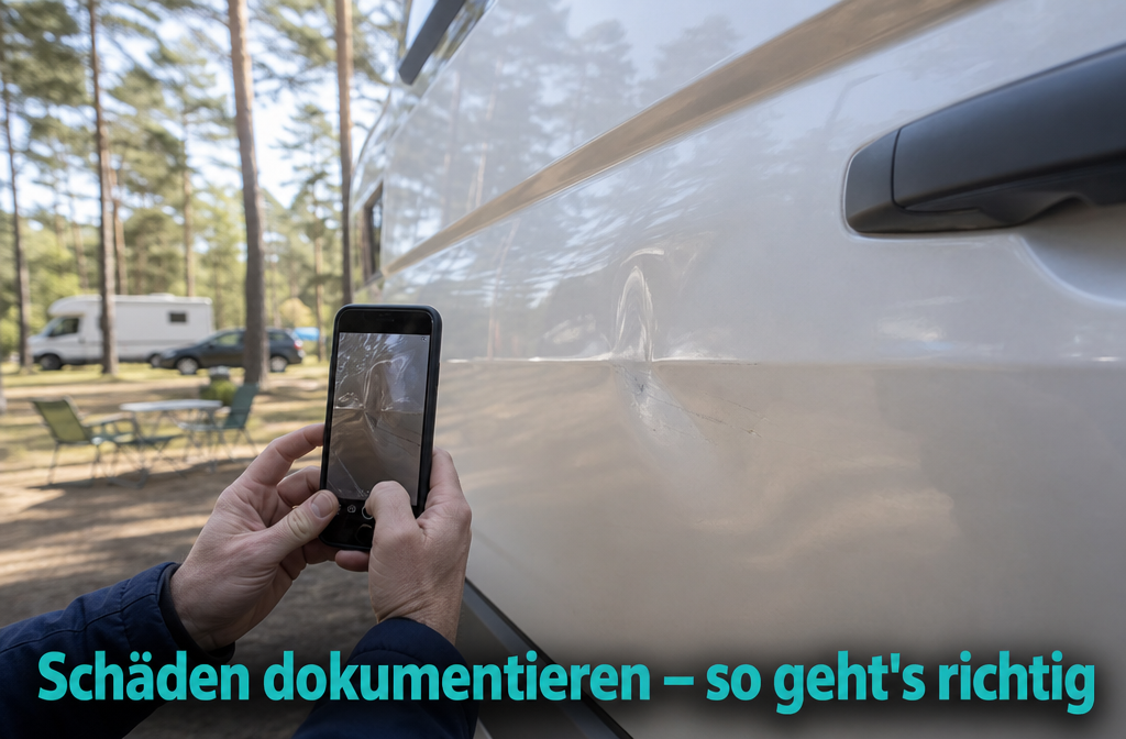 () photo éditoriale montrant un voyageur photographiant une petite bosse sur le panneau latéral d'un camping-car de location avec un smartphone,