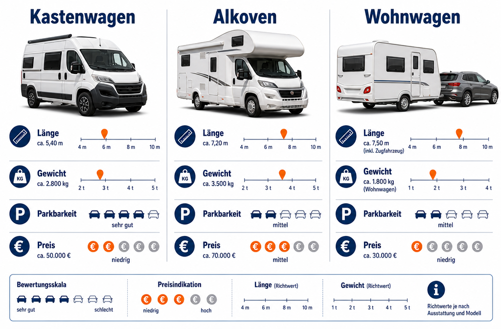 () editorial infographic showing a side-by-side comparison of three camping vehicle types: Kastenwagen (compact white van),