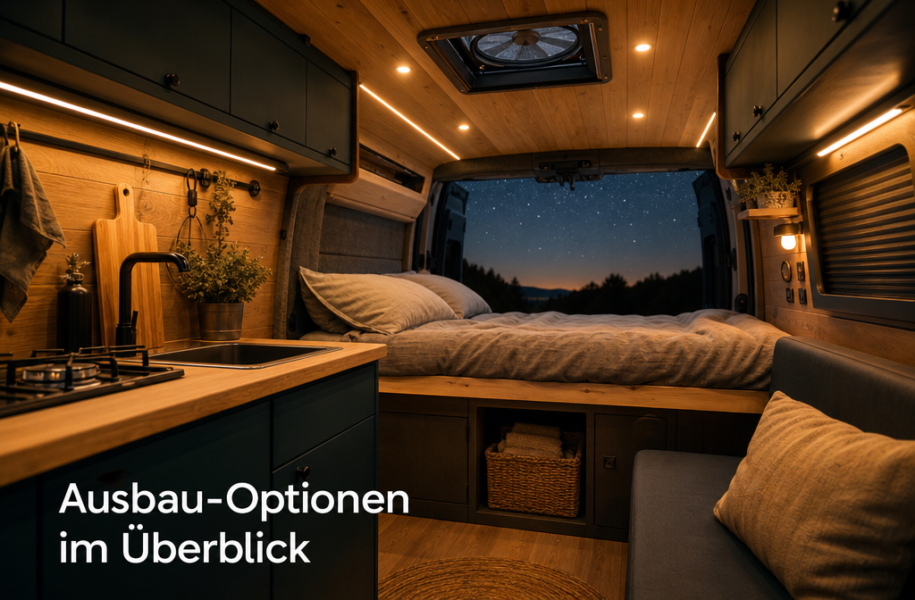 () cozy interior shot of a professionally converted Kastenwagen campervan interior at dusk, warm LED lighting illuminating a