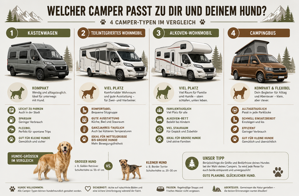 () redaktionel illustration, der viser en side-om-side sammenligning af fire autocampertyper – Kastenwagen, Teilintegriertes