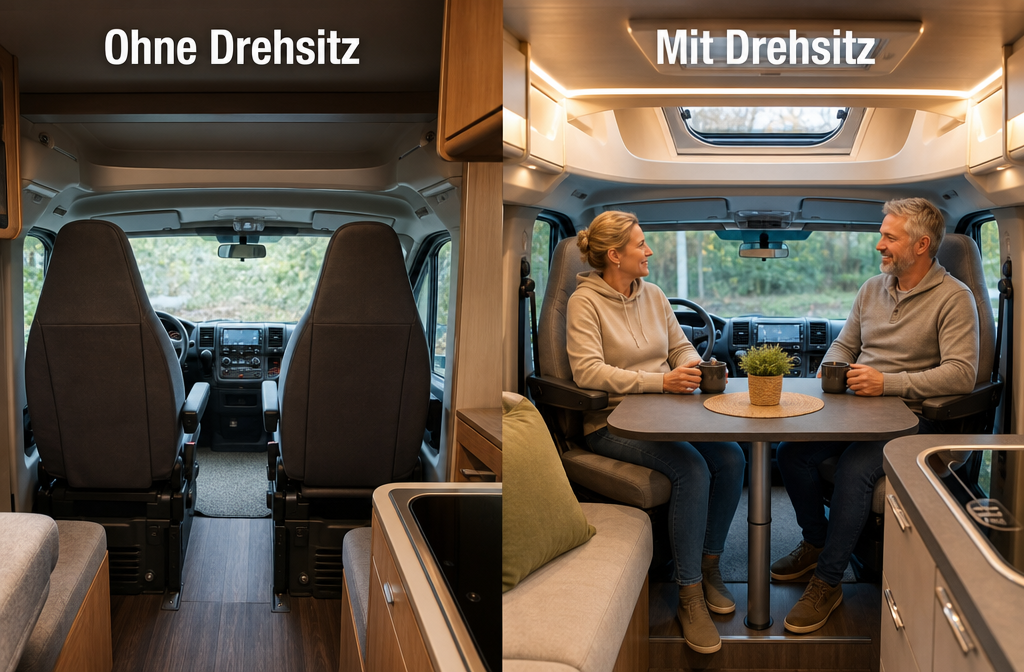 Detaljeret () redaktionelt billede, der viser en side-om-side sammenligning af to autocamper-interiører: til venstre, standard