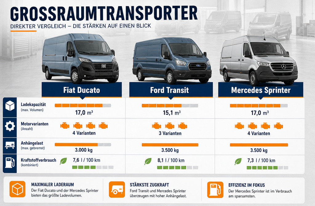 Infographie éditoriale détaillée () présentant un tableau comparatif clair avec trois colonnes intitulées 'Fiat Ducato', 'Ford Transit',