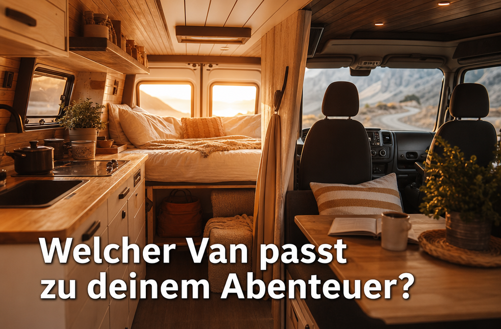 () montrant un intérieur de camping-car confortable aménagé à partir d'un grand fourgon, panneaux en bois chaleureux, cuisine compacte, lit pliant