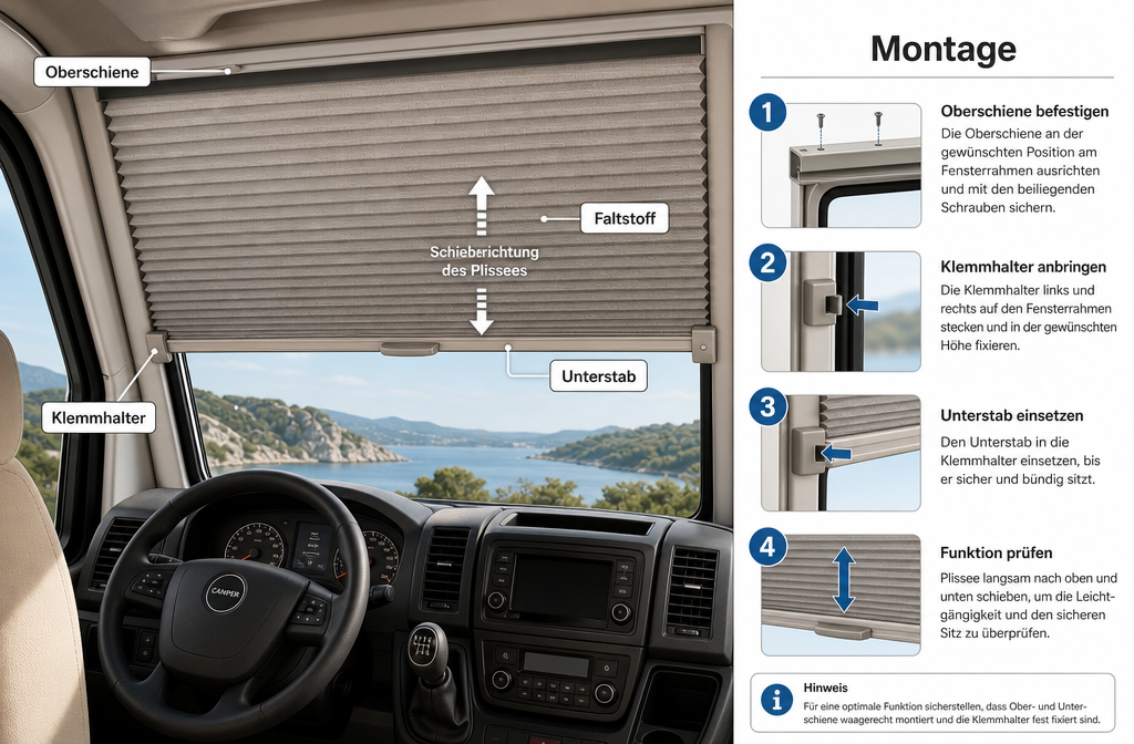 Illustration détaillée () montrant un diagramme en coupe rapprochée de l'intérieur de la cabine d'un camping-car avec un store Plissee étiqueté.