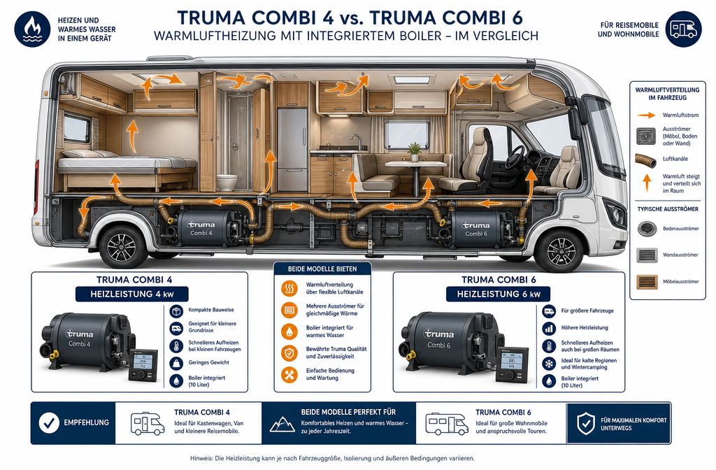 Gedetailleerde redactionele illustratie met een doorsnede van een camperinterieur met gelabelde Truma Combi 4 en Truma