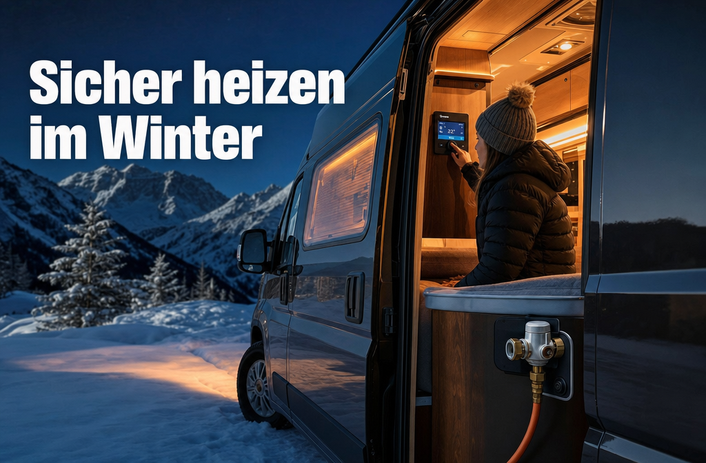 Gedetailleerde () fotorealistische scène van een campervan geparkeerd in een besneeuwd Alpenwinterlandschap 's nachts, interieur warm verlicht