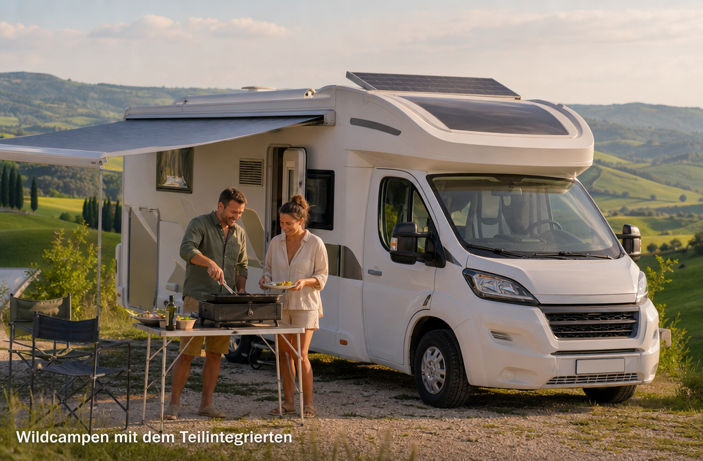() fotorealistische scène van een stel in de late 30 die buiten koken naast een witte halfintegraal camper in het wild