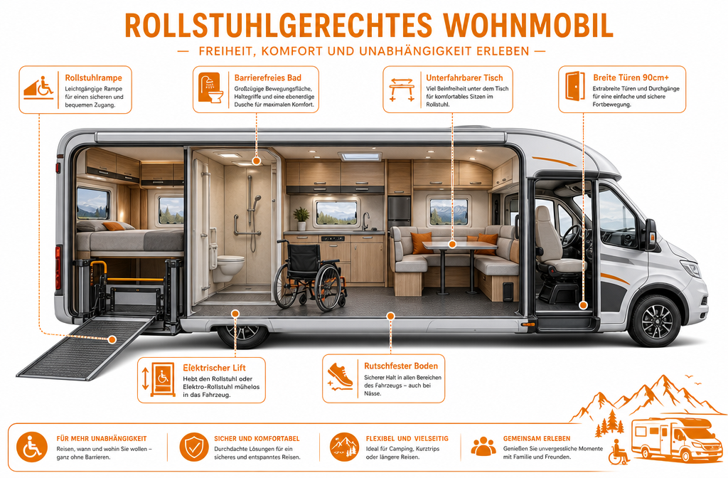 Gedetailleerde illustratie in infographic-stijl die een dwarsdoorsnede van het interieur van een rolstoeltoegankelijke camper toont: gelabeld